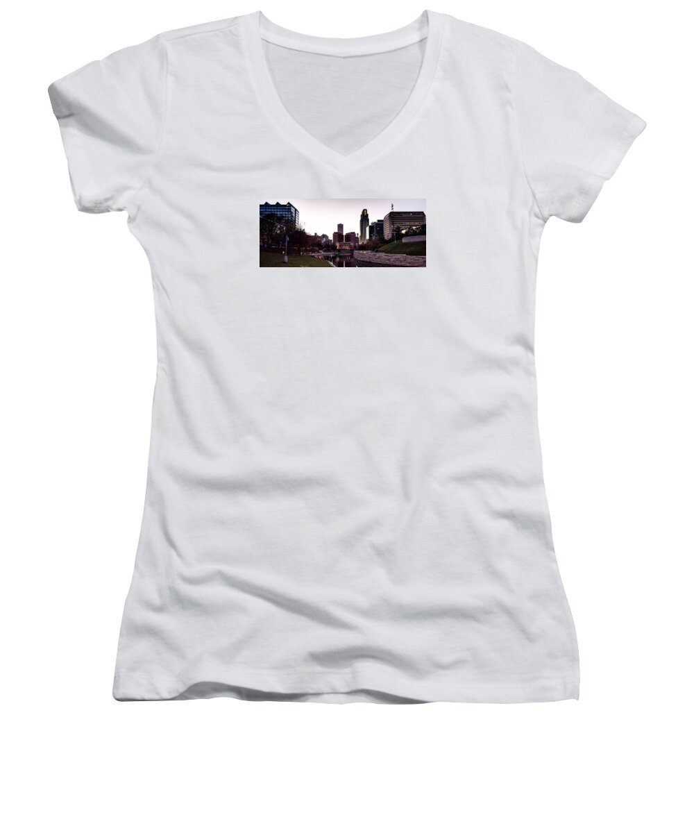 Omaha Women's V-Neck featuring the photograph Downtown Omaha at Sunset by Mike Dunn