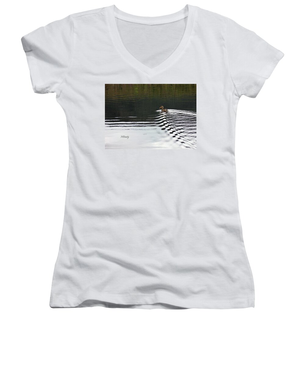 Duck Ripple Wake Women's V-Neck featuring the photograph Duck on Ripple Wake by Natalie Dowty