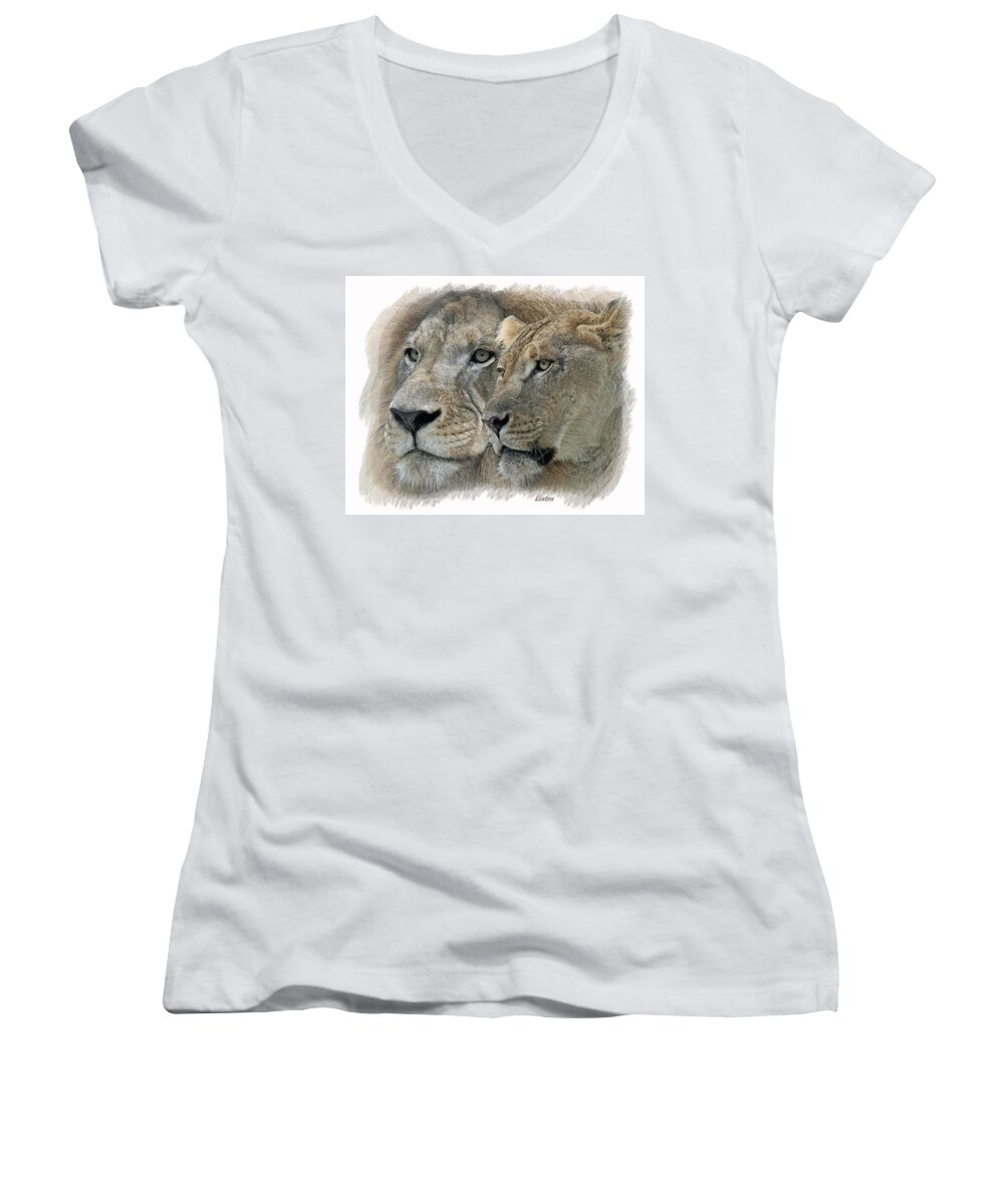 Lion Women's V-Neck featuring the digital art Dynamic Duo by Larry Linton