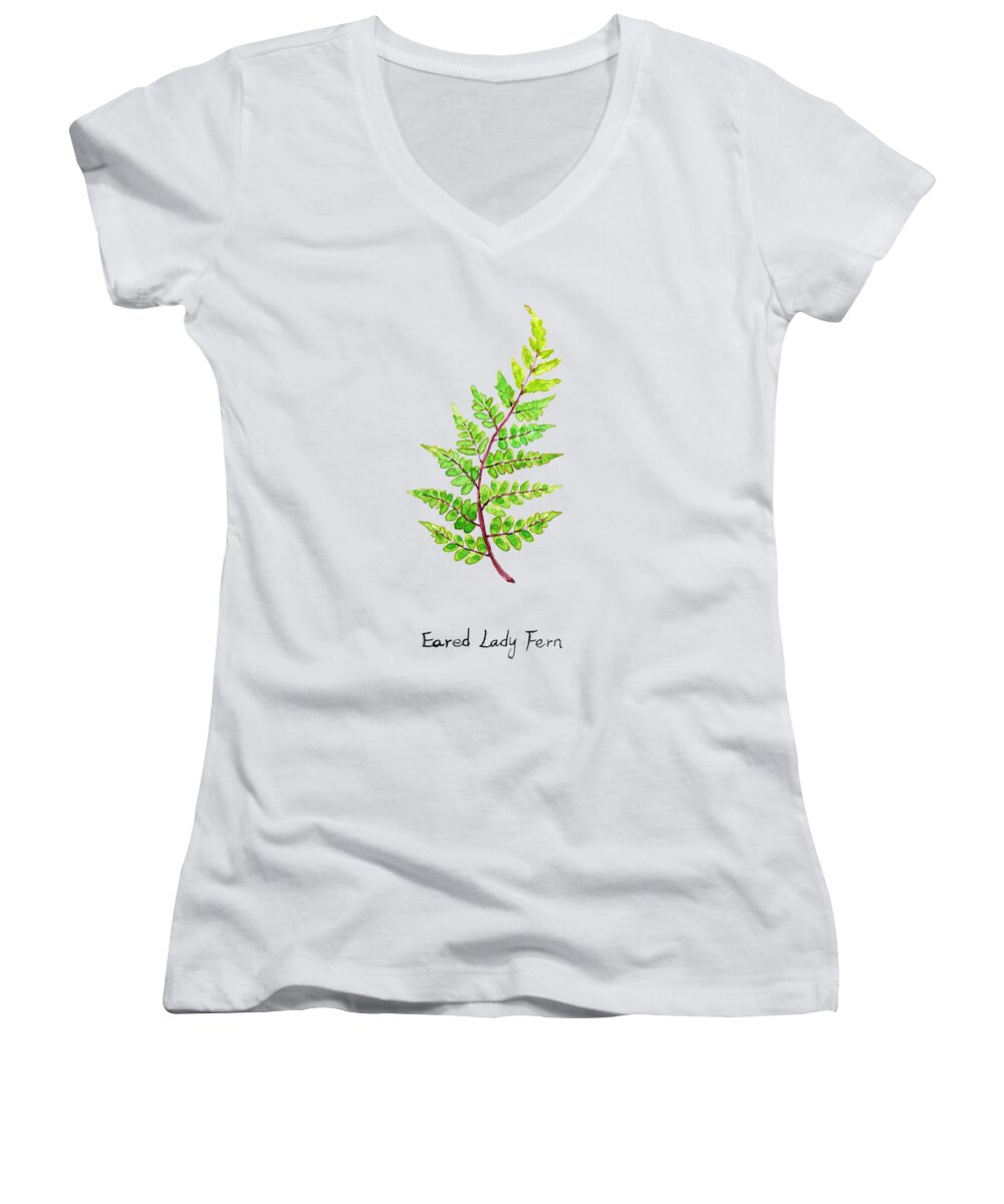 Watercolor Painting Women's V-Neck featuring the painting Eared lady fern by Color Color