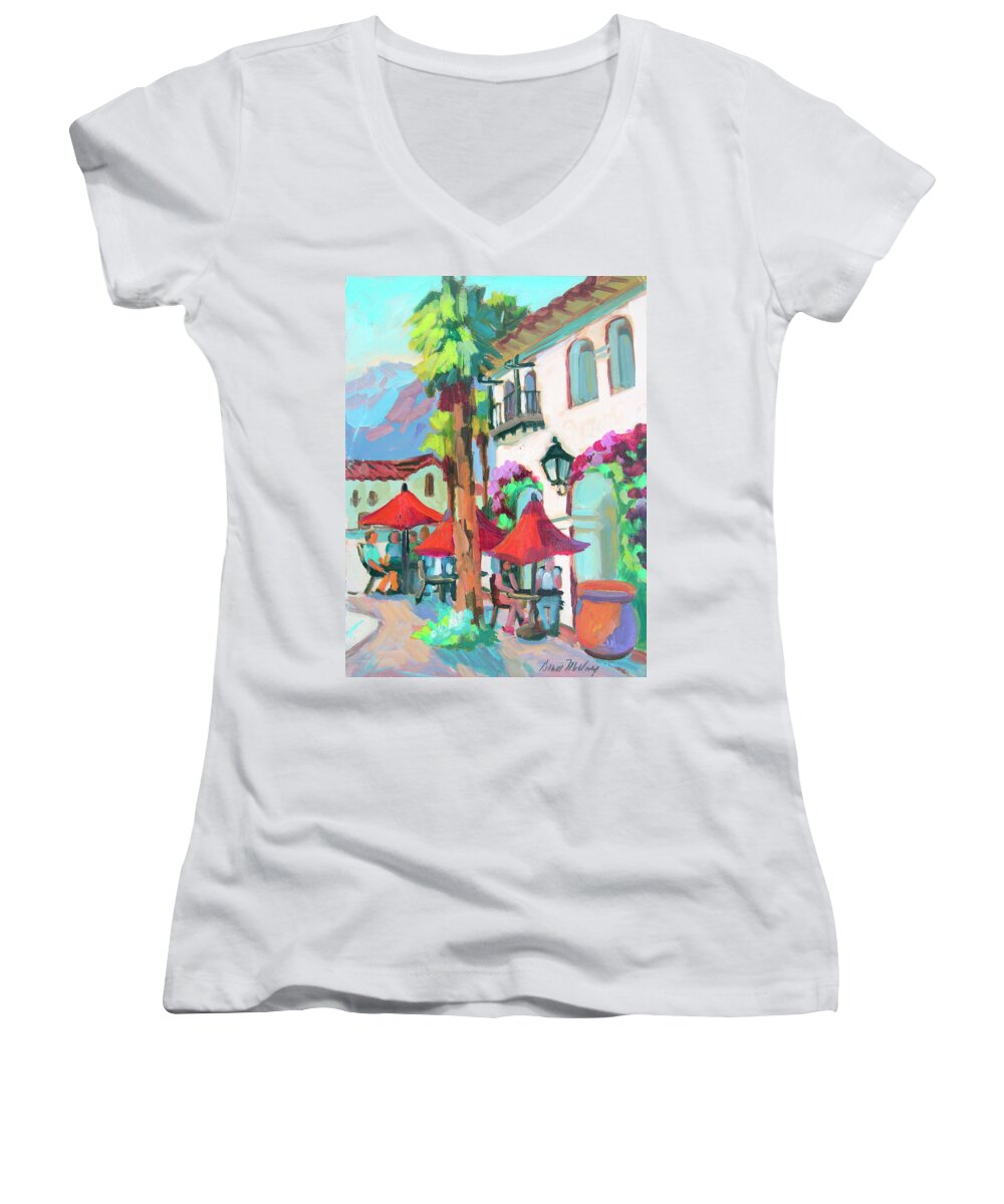 Coachella Valley Women's V-Neck featuring the painting Early Morning Coffee in Old Town La Quinta 2 by Diane McClary