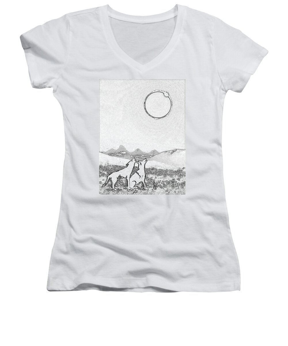  Women's V-Neck featuring the digital art Eclipcse graphic pen outline by Shelley Myers