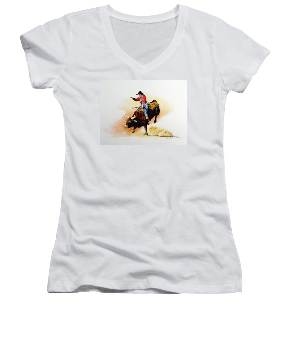 Cowboy Women's V-Neck featuring the painting Eight Second Shift by Jimmy Smith