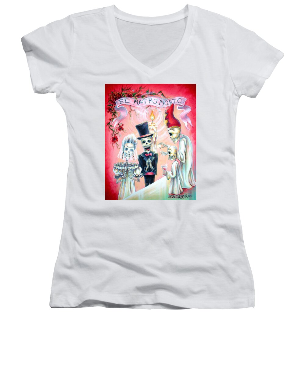 Day Of The Dead Women's V-Neck featuring the painting El Matrimonio by Heather Calderon