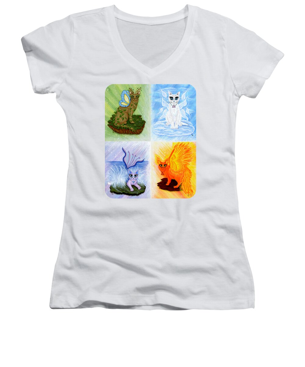 Elements Women's V-Neck featuring the painting Elemental Cats by Carrie Hawks