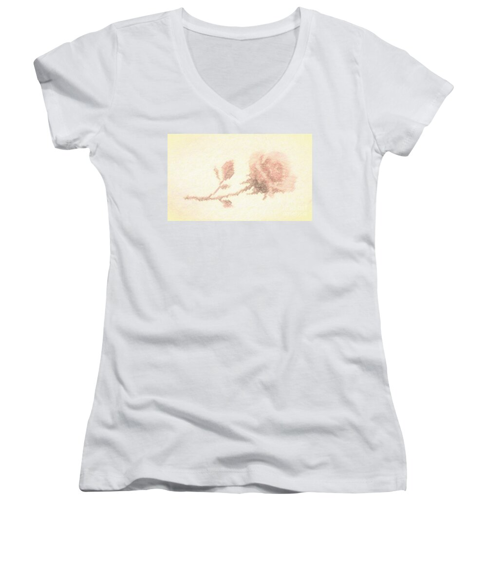 Artistic Women's V-Neck featuring the photograph Etched red Rose by Linda Phelps