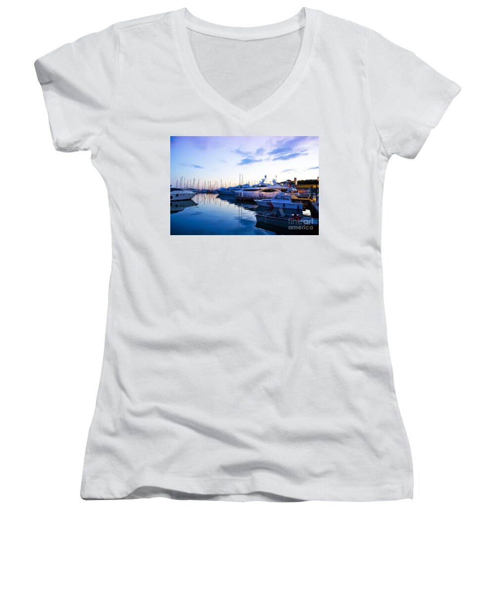 Water Women's V-Neck featuring the photograph evening at water in Cannes by Ariadna De Raadt