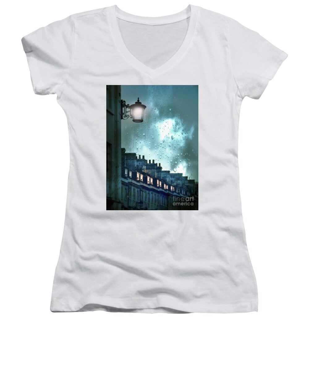 Village Women's V-Neck featuring the photograph Evening Rainstorm in the City by Jill Battaglia