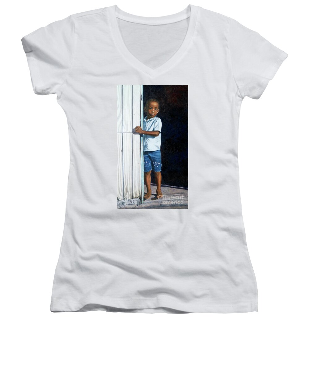 Little Women's V-Neck featuring the painting Expectations by Nicole Minnis