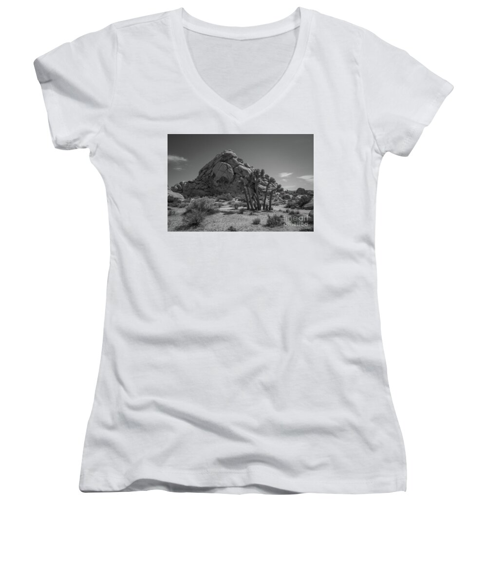Joshua Tree National Park Women's V-Neck featuring the photograph Exploring Joshua Tree NP BW by Michael Ver Sprill