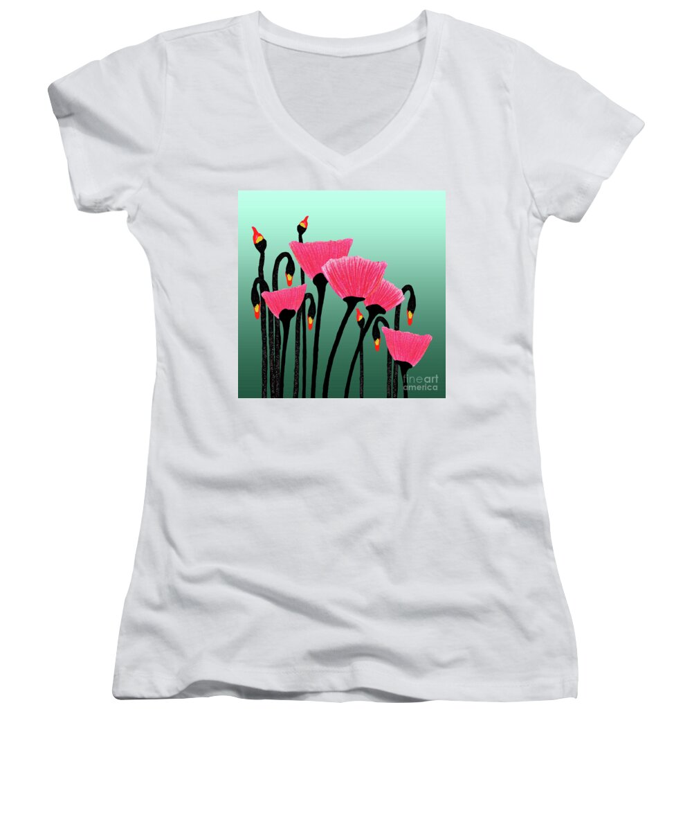 Abstract Women's V-Neck featuring the painting Expressive Red Pink and Green Poppy Field 3309s by Ricardos Creations