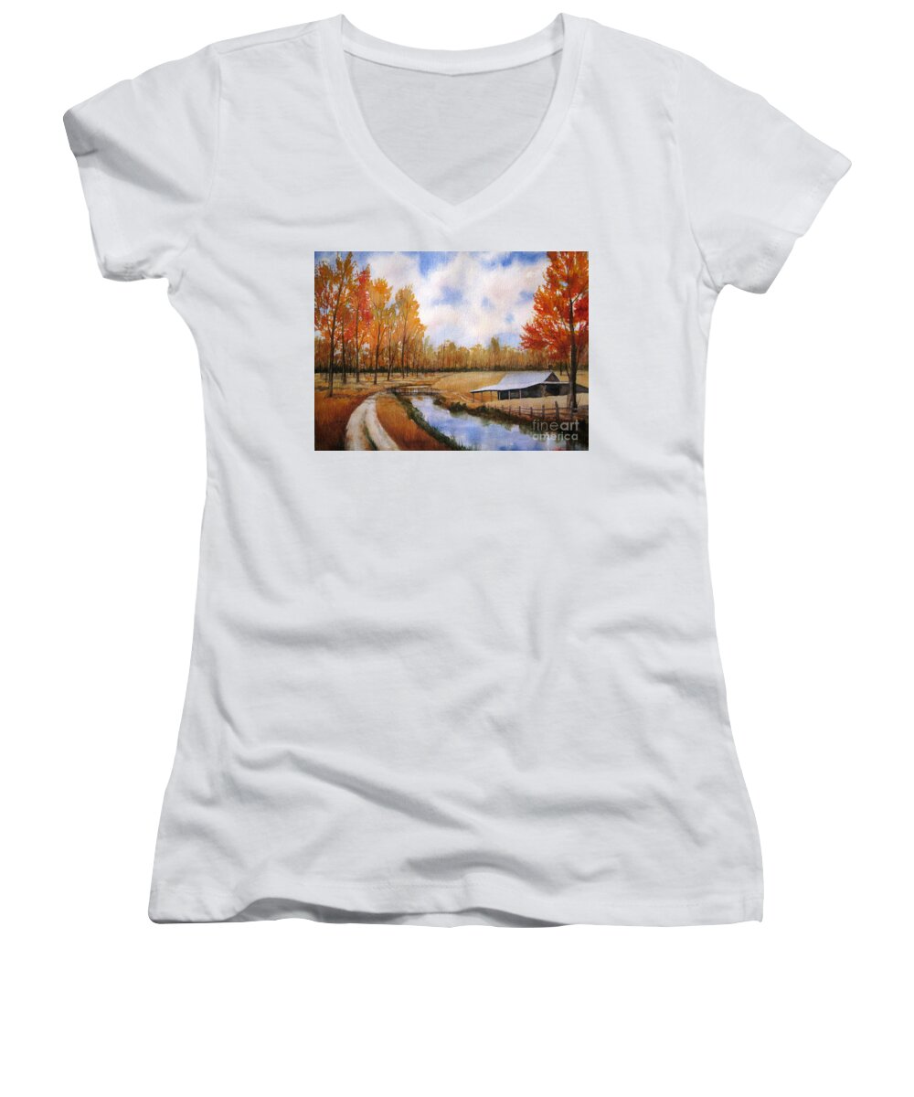 Landscape Women's V-Neck featuring the painting Fall Colors by Shirley Braithwaite Hunt