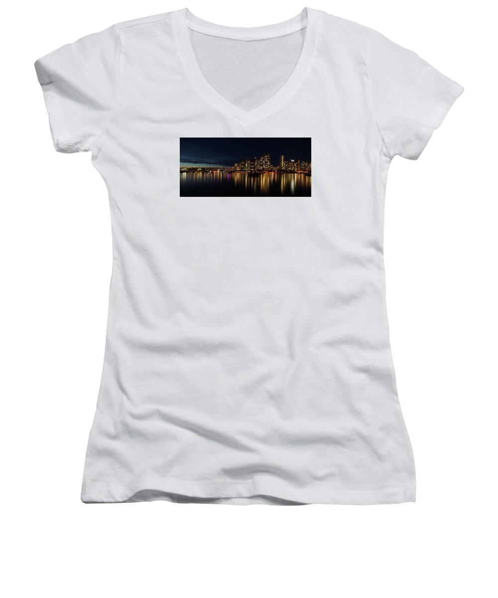 Vancouver Women's V-Neck featuring the photograph False Creek Reflections by Cameron Wood