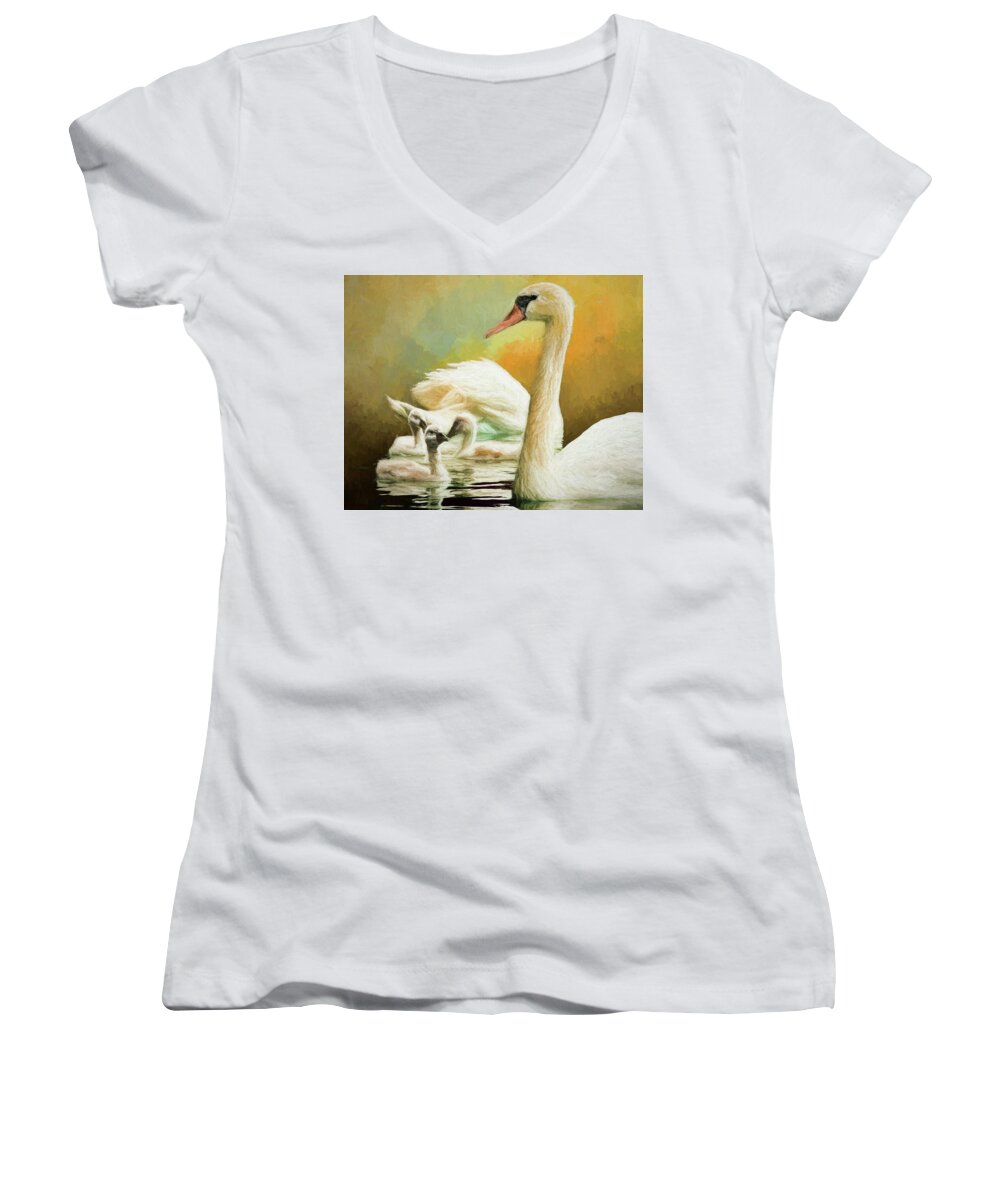 Swan Women's V-Neck featuring the photograph Family by Pete Rems