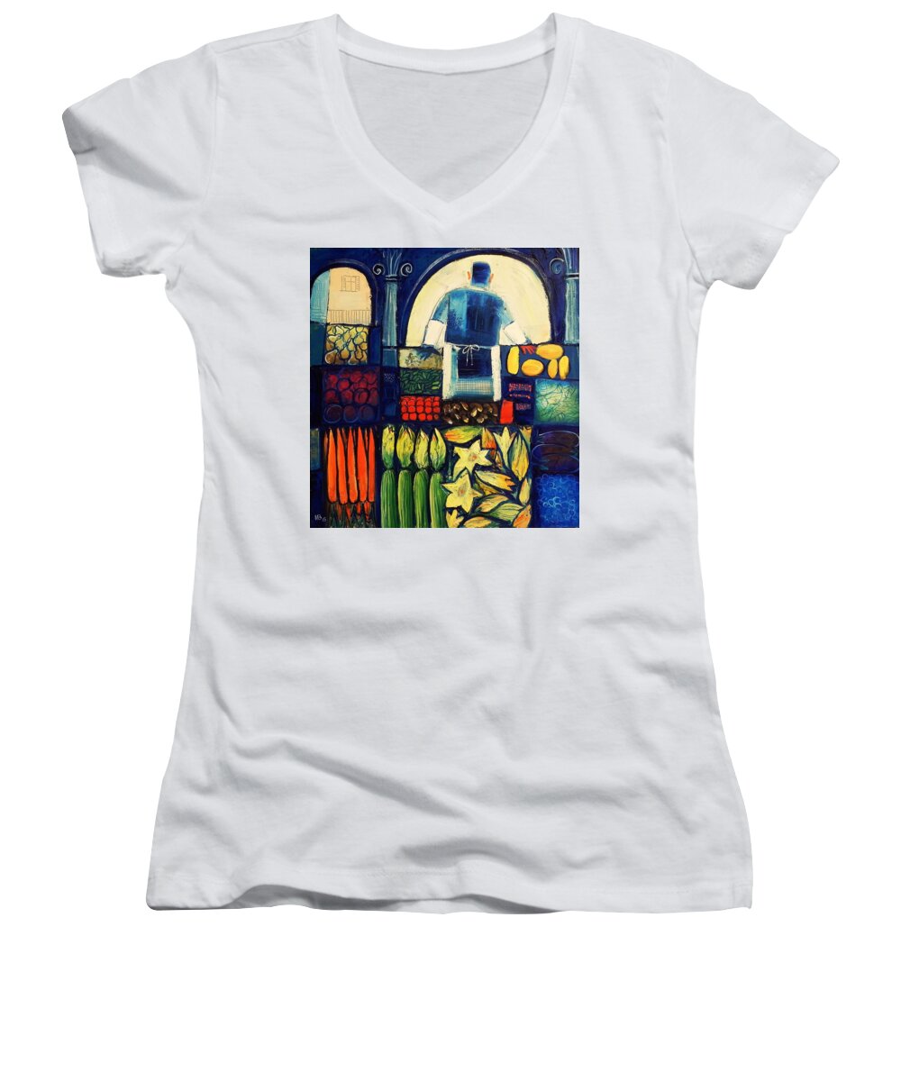  Women's V-Neck featuring the painting Farm Market  by Mikhail Zarovny