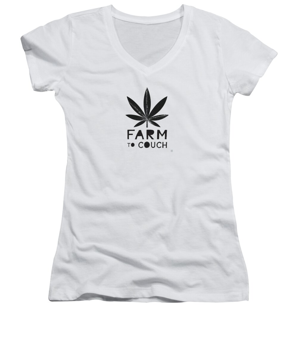 Cannabis Women's V-Neck featuring the mixed media Farm To Couch Black And White- Cannabis Art by Linda Woods by Linda Woods