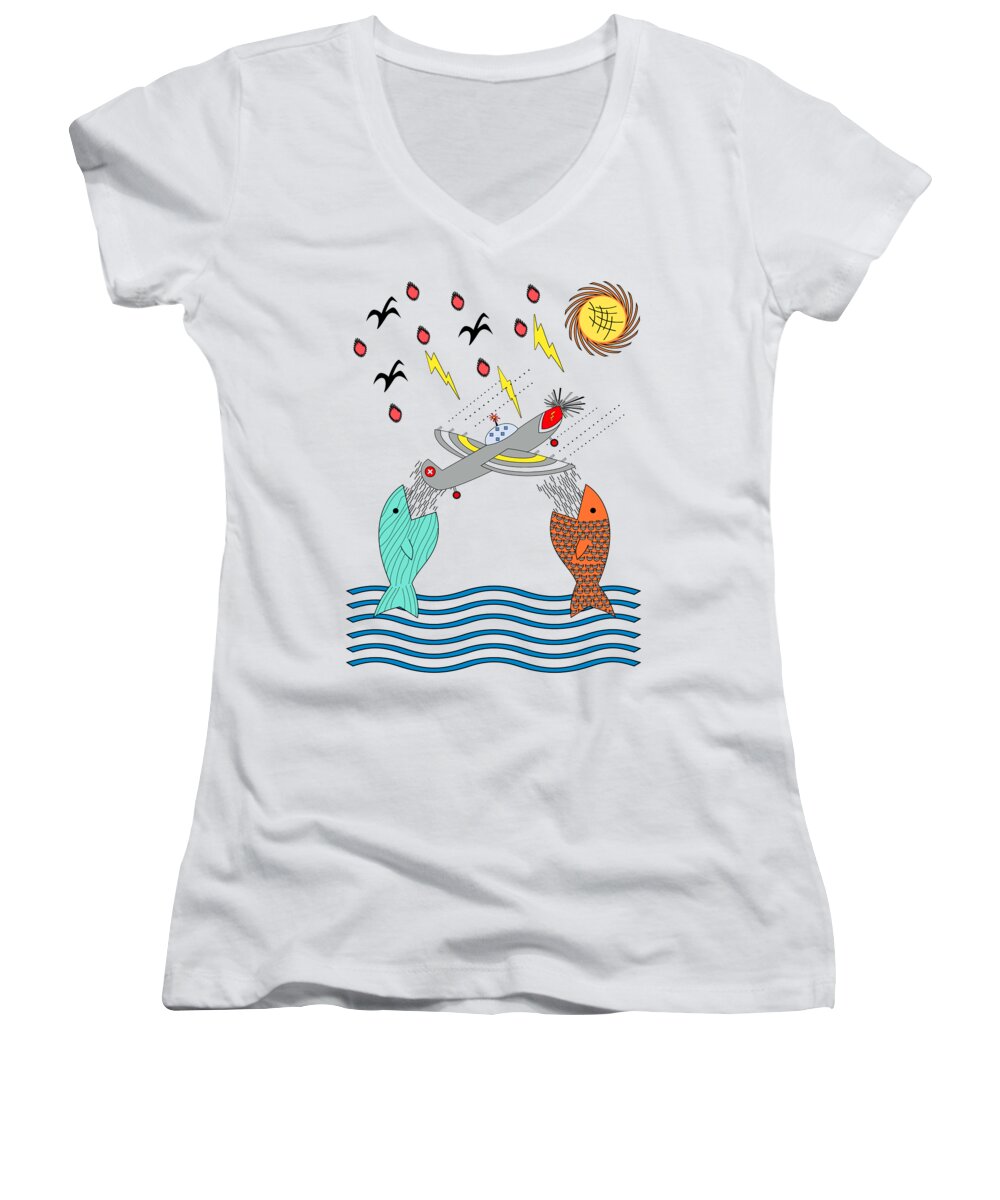 Fish Food Women's V-Neck featuring the digital art Fish Food by Two Hivelys