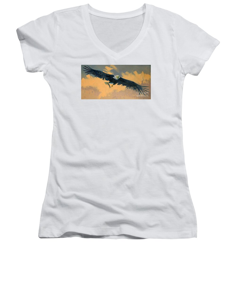 Bald Eagle Women's V-Neck featuring the painting Fishing Eagle by Donald Maier