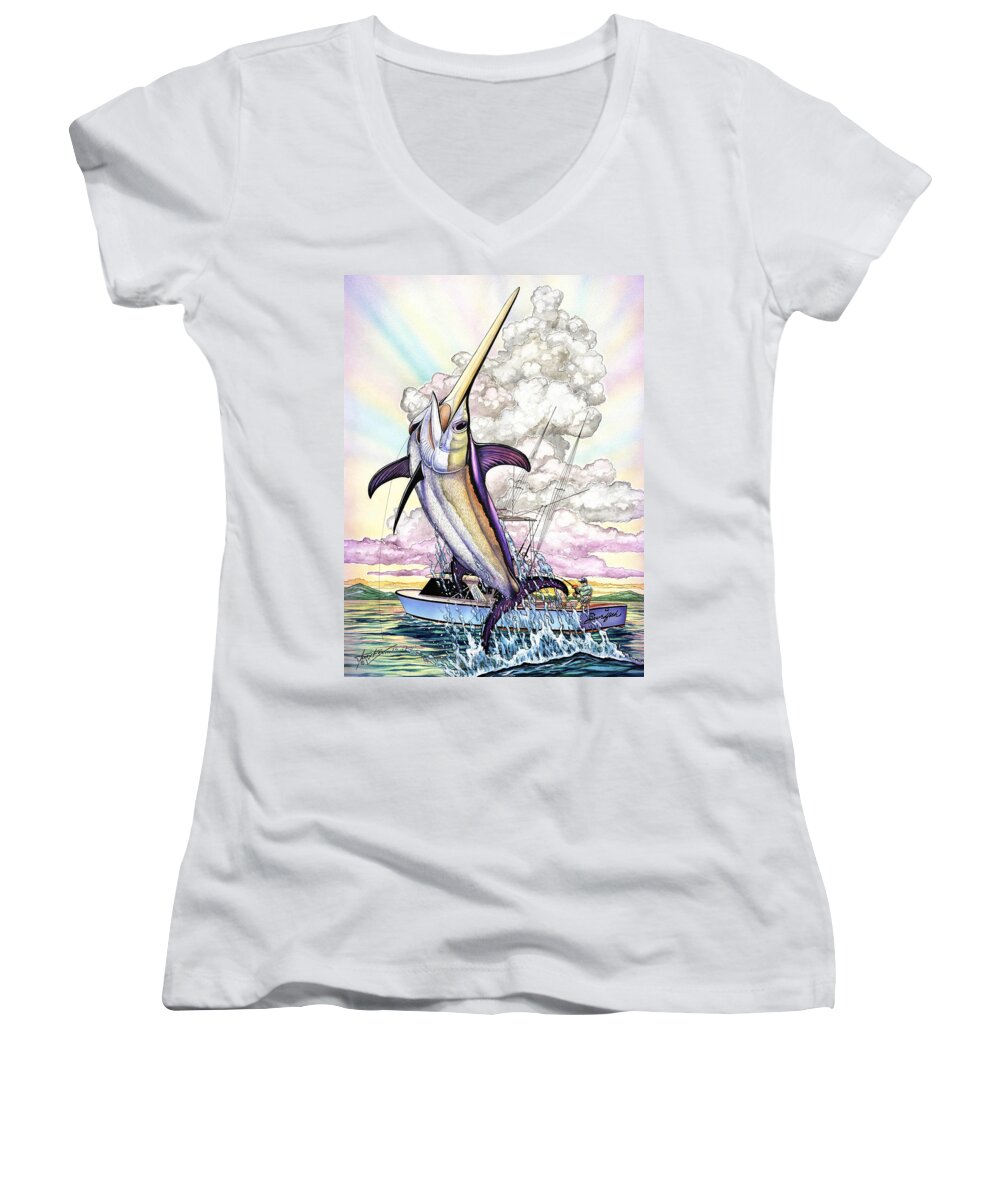 Blue Mrlin Women's V-Neck featuring the painting Fishing Swordfish by Terry Fox