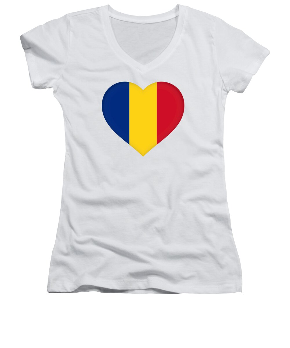 Romania Women's V-Neck featuring the digital art Flag of Romania Heart by Roy Pedersen