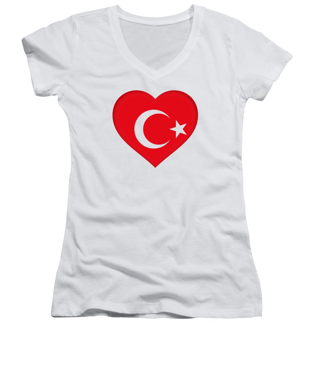 Turkey Women's V-Neck featuring the digital art Flag of Turkey Heart by Roy Pedersen