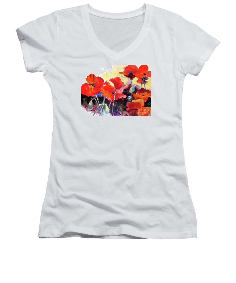 Paintings Women's V-Neck featuring the painting Flaming Poppies by Kathy Braud