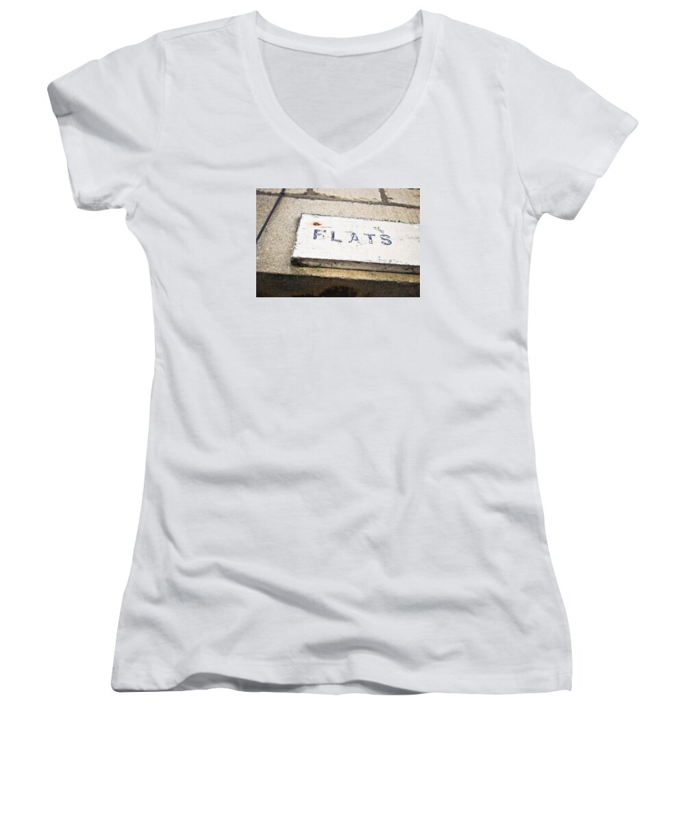 Accommodation Women's V-Neck featuring the photograph Flats sign by Tom Gowanlock