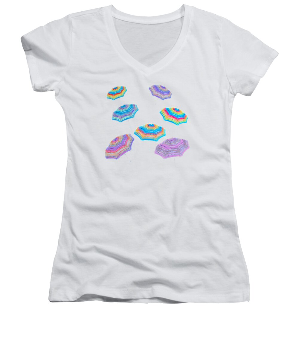 Umbrellas Women's V-Neck featuring the painting Floating Beach Umbrellas by Jan Matson