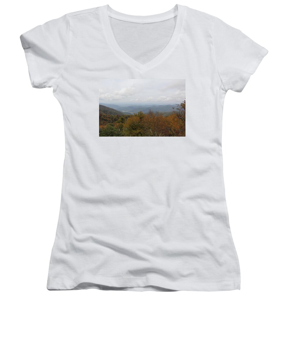 Mountain Top Women's V-Neck featuring the photograph Forest Landscape View by Allen Nice-Webb