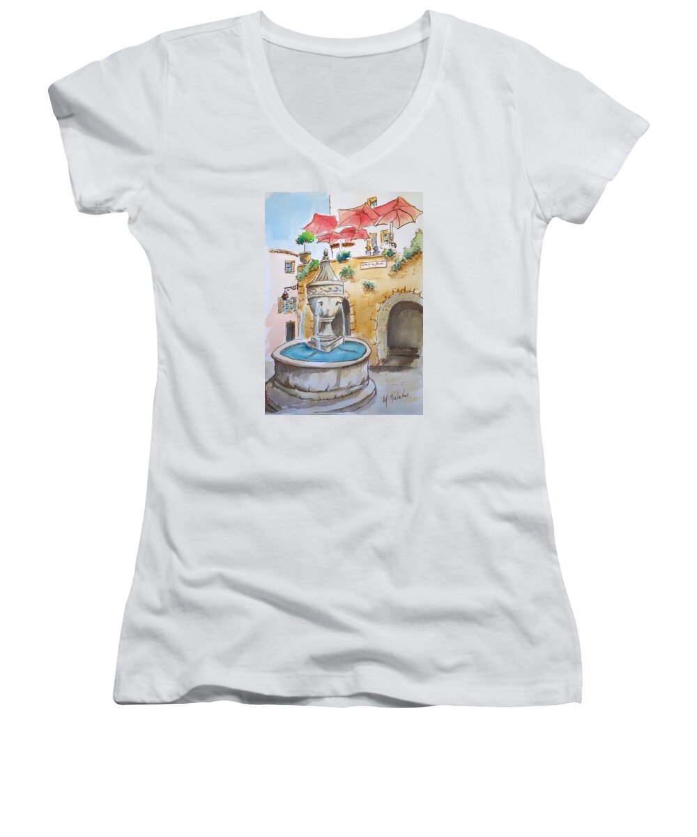 Fountain Women's V-Neck featuring the painting Fountain at St Paul de Vence by Marilyn Zalatan