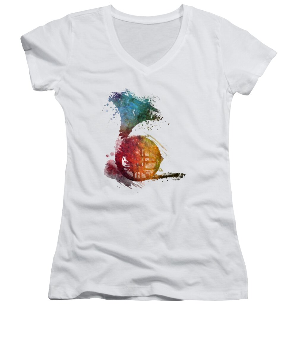French Horn Women's V-Neck featuring the digital art French horn colored musical instruments by Justyna Jaszke JBJart