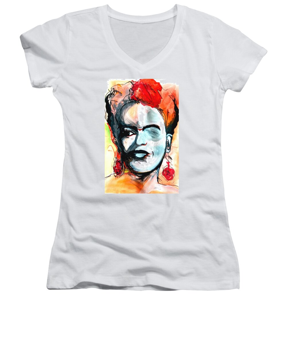 Frida Kahlo Women's V-Neck featuring the drawing Frida by Helen Syron