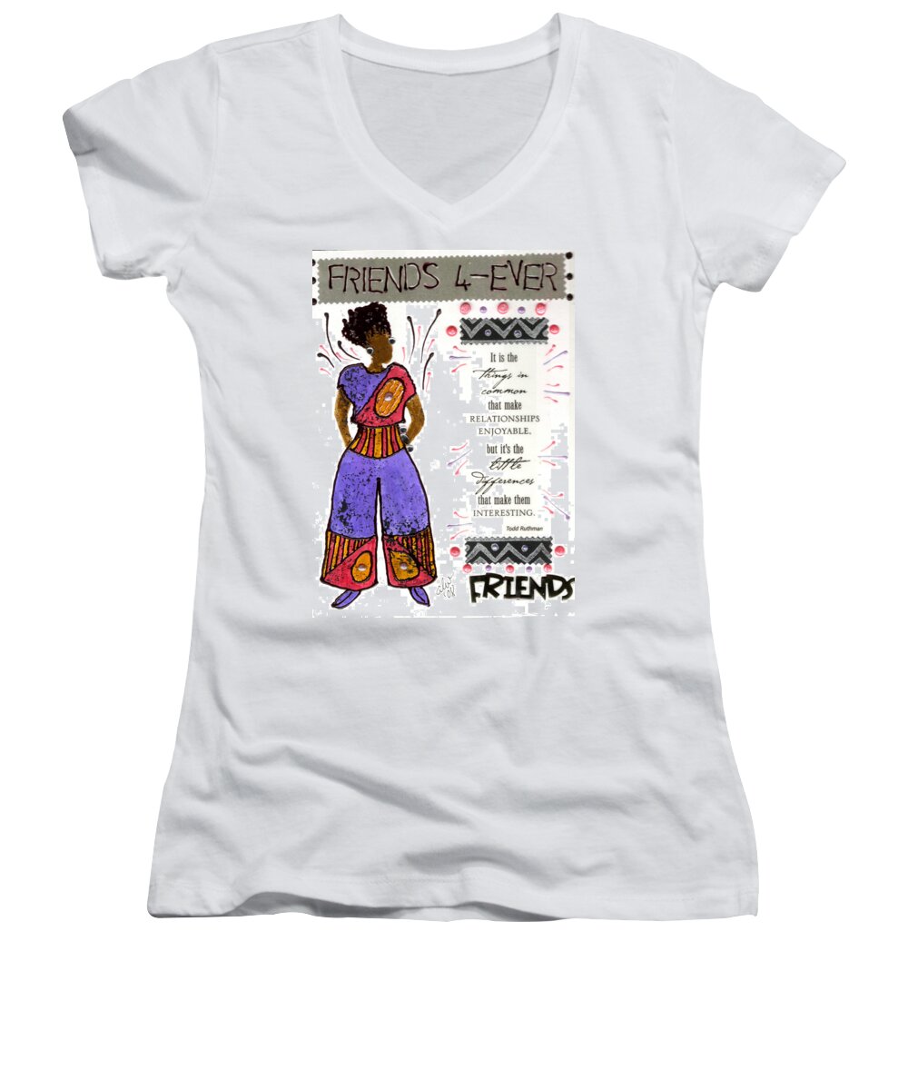 Gretting Cards Women's V-Neck featuring the mixed media Friends 4Ever by Angela L Walker