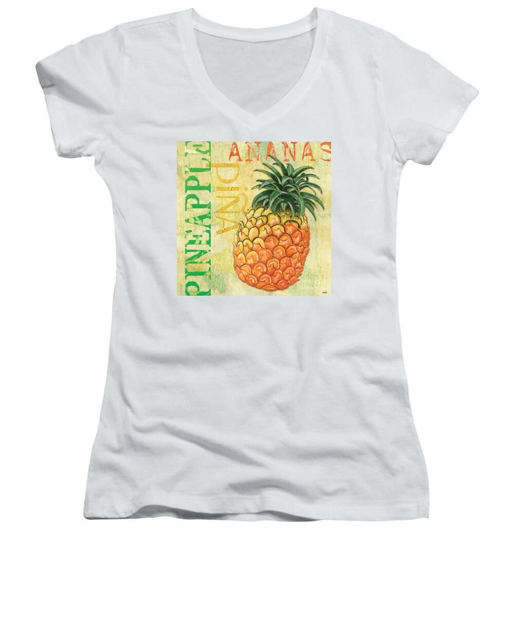 Lemon Women's V-Neck featuring the painting Froyo Pineapple by Debbie DeWitt