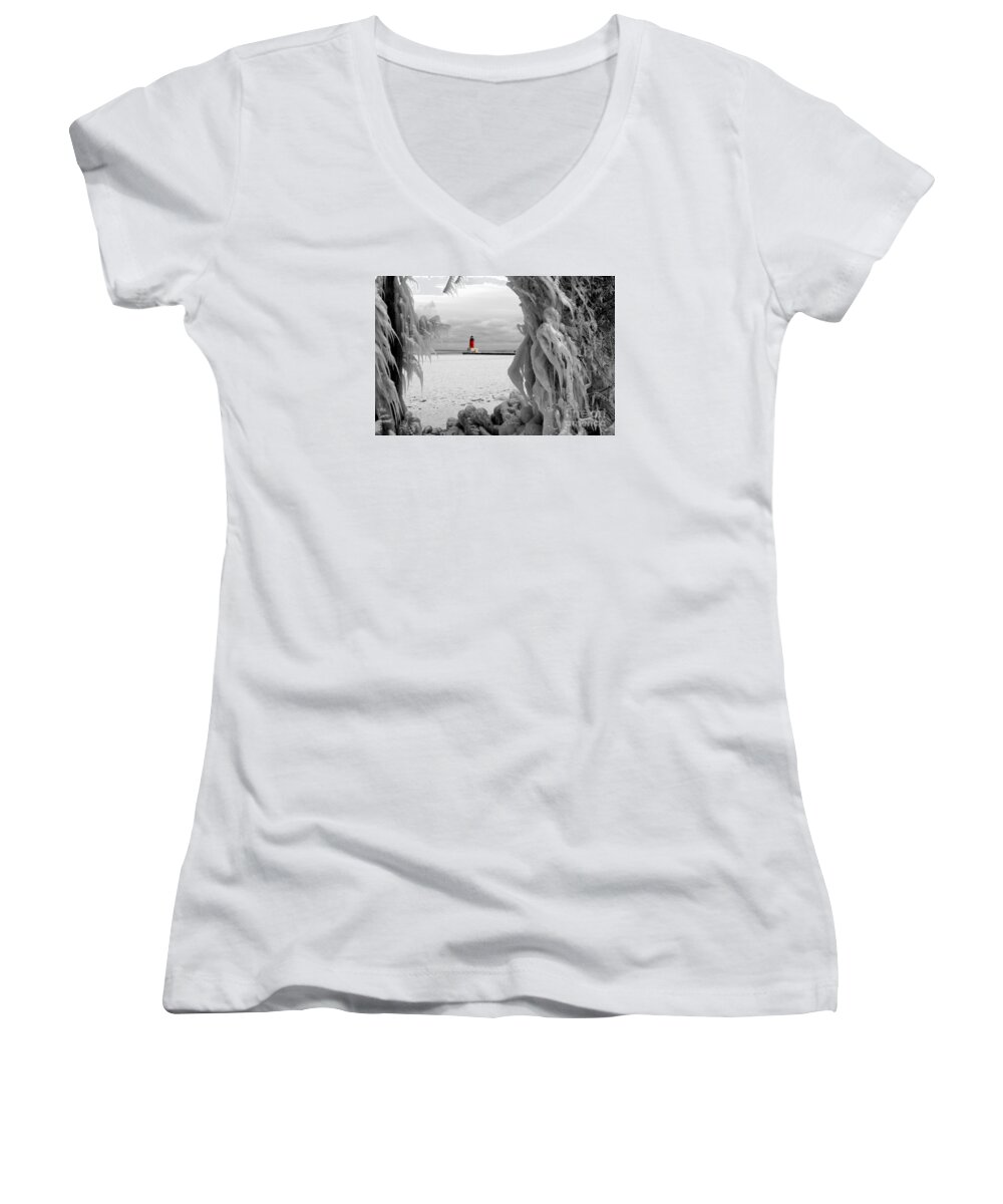 Lighthouse Ann Arbor Park Women's V-Neck featuring the photograph Frozen in Time - Menominee North Pier Lighthouse by Mark J Seefeldt