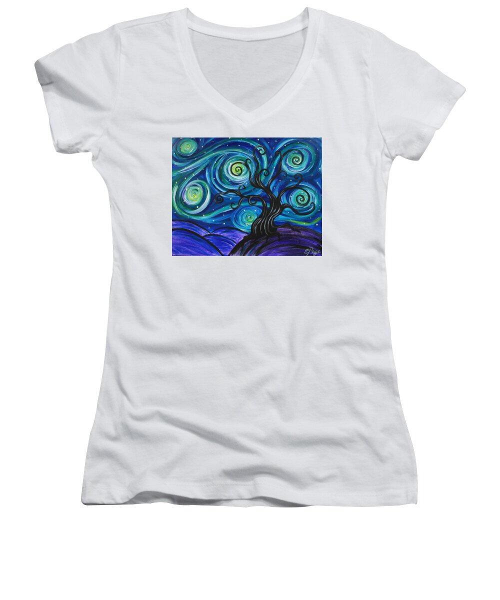 Funky Tree Women's V-Neck featuring the painting Funky Tree, Starry Night by Emily Page