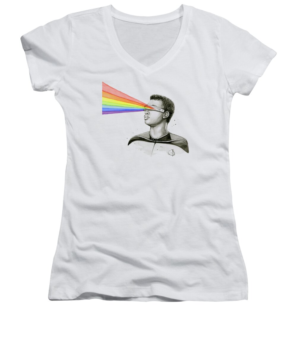 Star Trek Women's V-Neck featuring the painting Geordi Sees the Rainbow by Olga Shvartsur