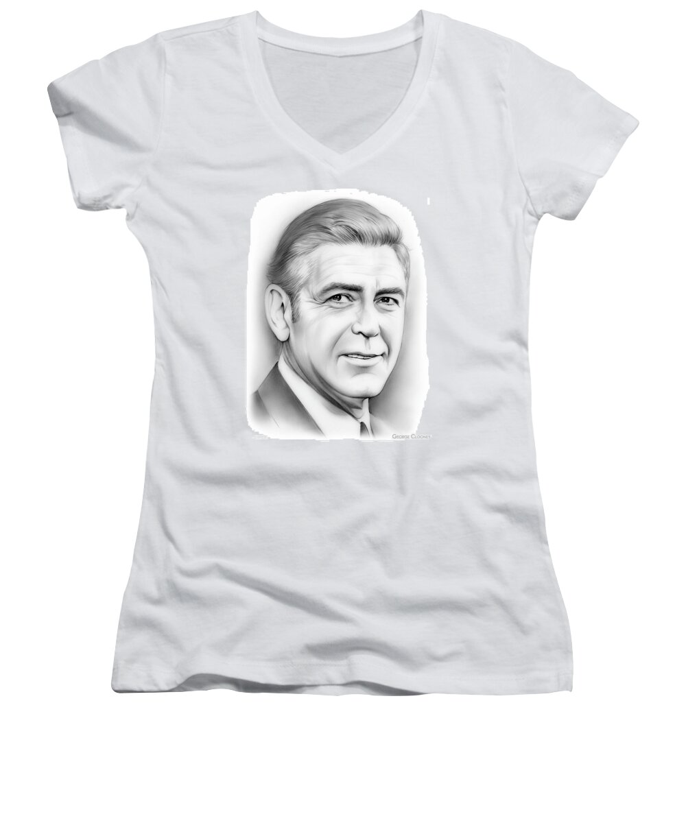 George Clooney Women's V-Neck featuring the drawing George Clooney by Greg Joens