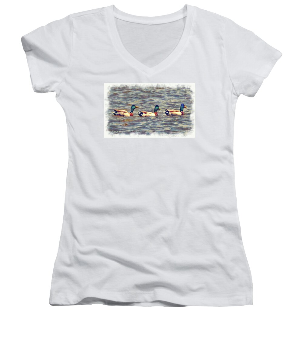 Ducks Women's V-Neck featuring the digital art Get your Ducks in a Row by Kathy Kelly
