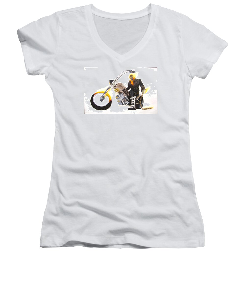 Ghost Rider Women's V-Neck featuring the mixed media Ghost Rider by Marcus Quinn