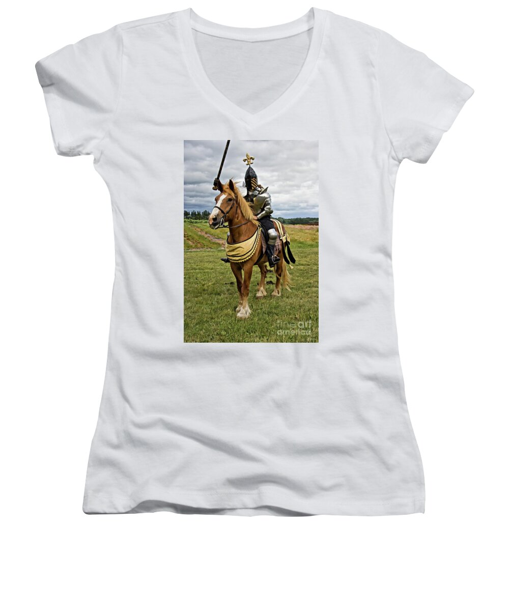 Knight Women's V-Neck featuring the digital art Gold and Silver Knight by Lise Winne