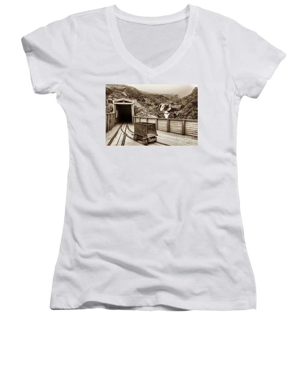 Abandoned Women's V-Neck featuring the photograph Gold Mine Entrance in Sepia by Paul Quinn