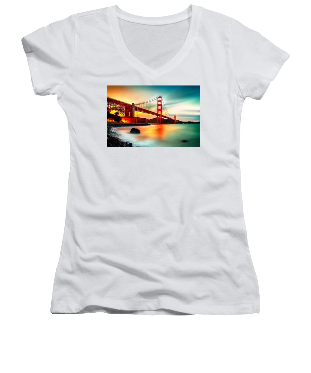 Golden Gate Bridge Women's V-Neck featuring the photograph Golden Gateway by Az Jackson