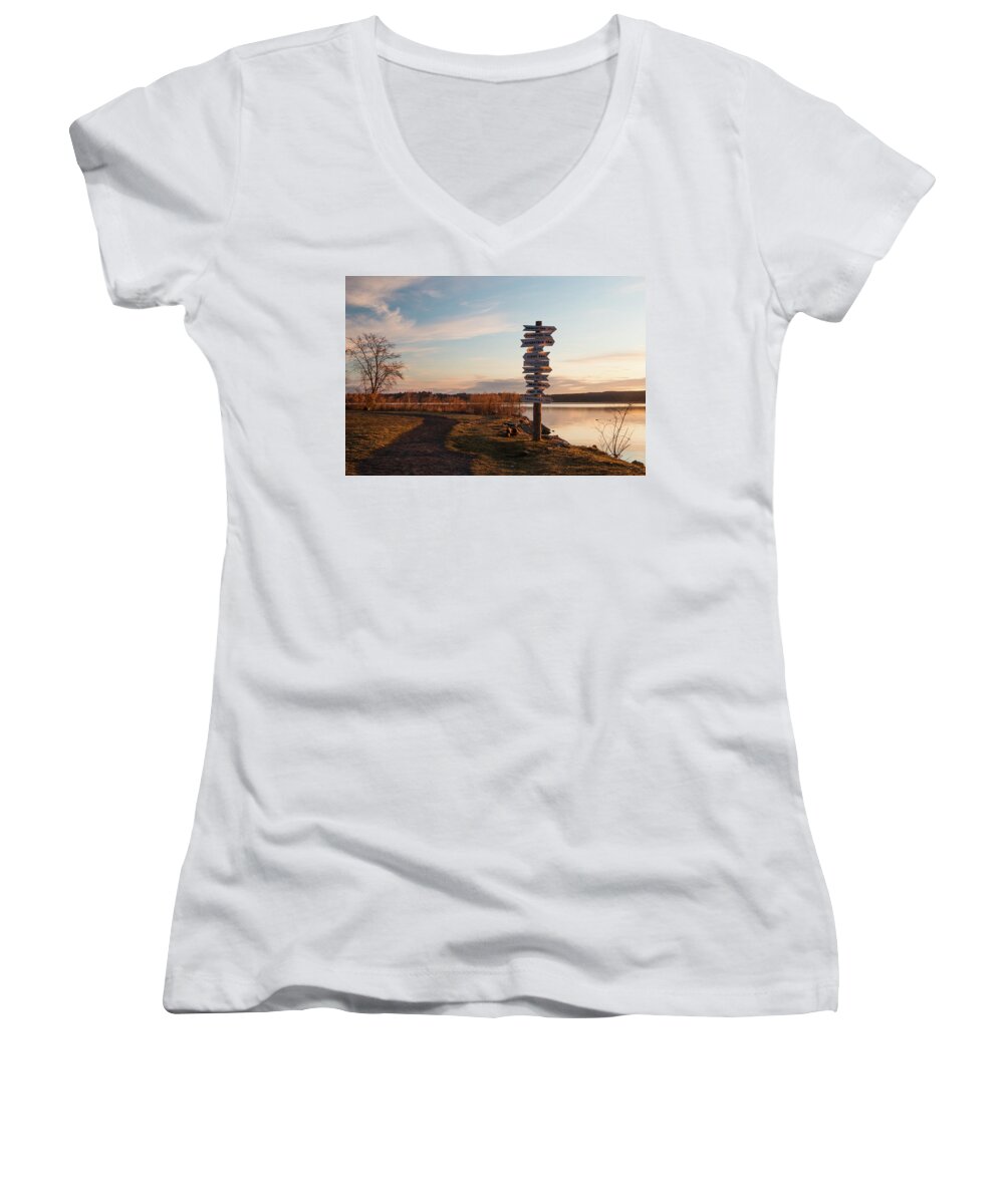 Dawn Women's V-Neck featuring the photograph Golden Hour Signs by Jeff Severson