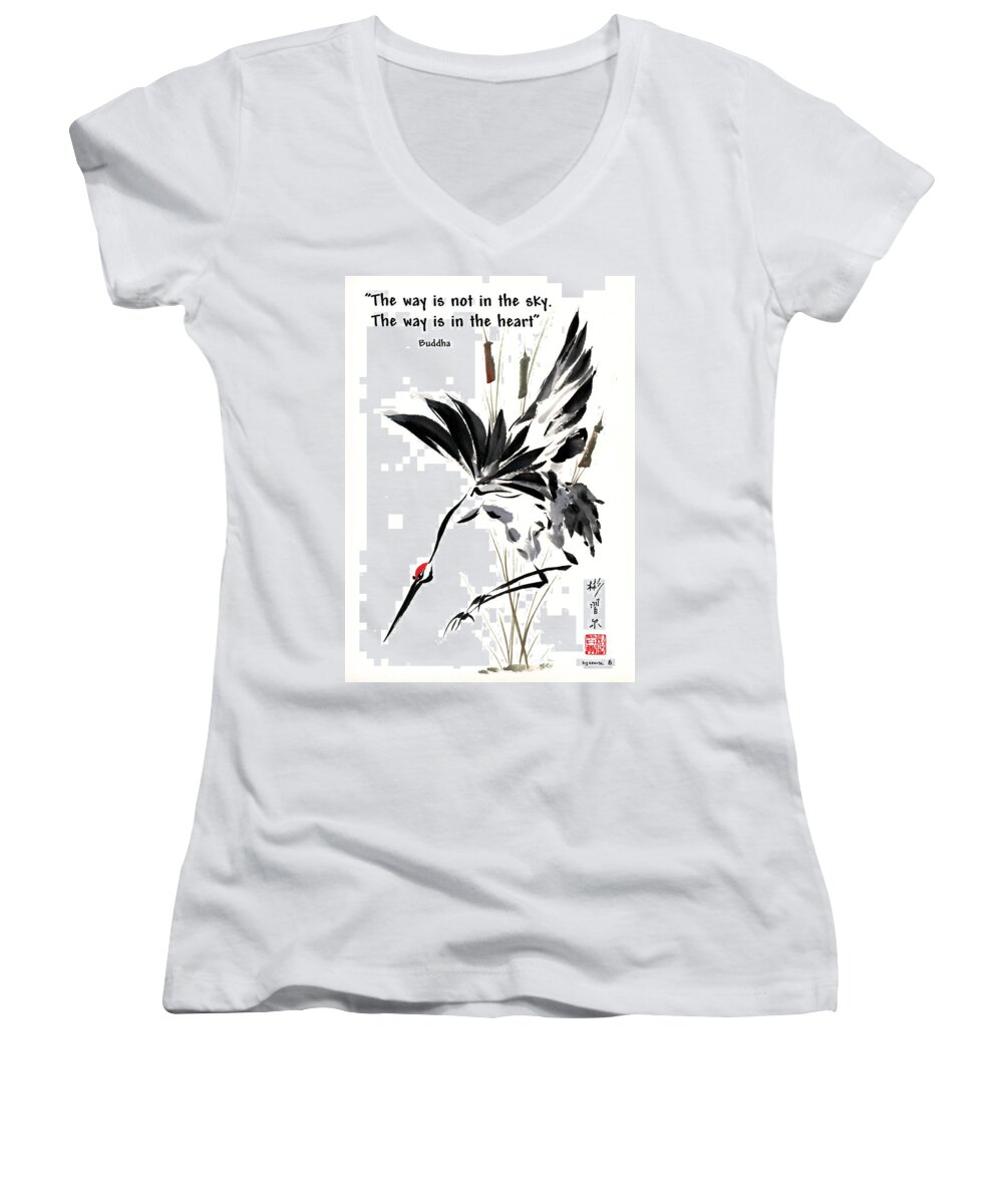 Art With Quotes Women's V-Neck featuring the painting Grace of Descent with Buddha quote I by Bill Searle