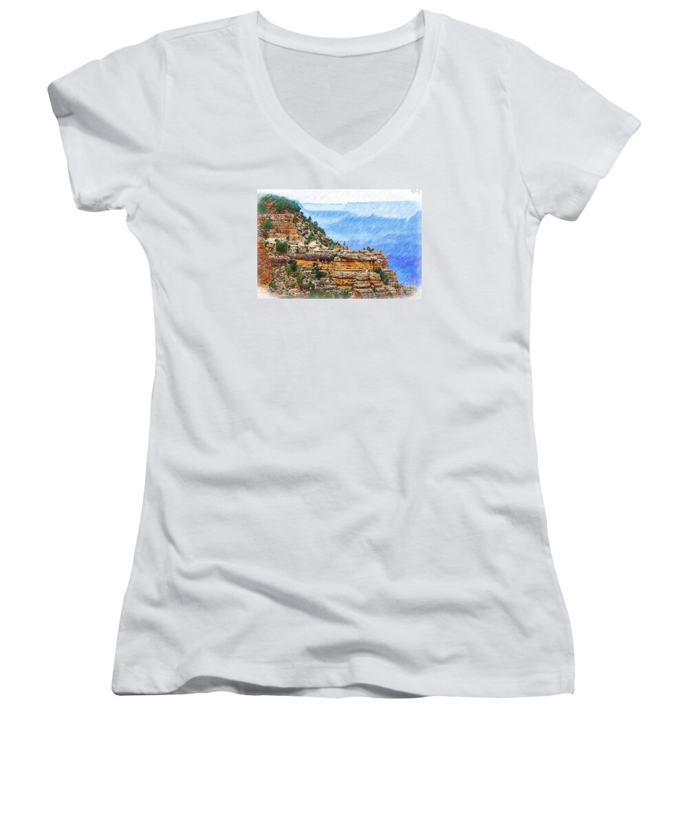 Grand-canyon Women's V-Neck featuring the digital art Grand Canyon Overlook Sketched by Kirt Tisdale