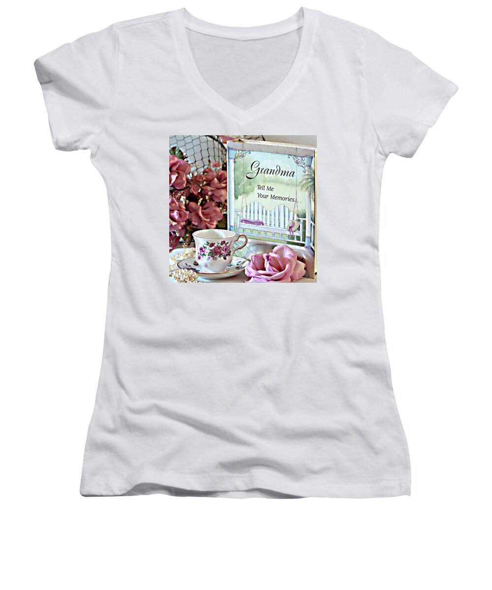 Still Life Women's V-Neck featuring the photograph Grandma Tell Me Your Memories... by Sherry Hallemeier