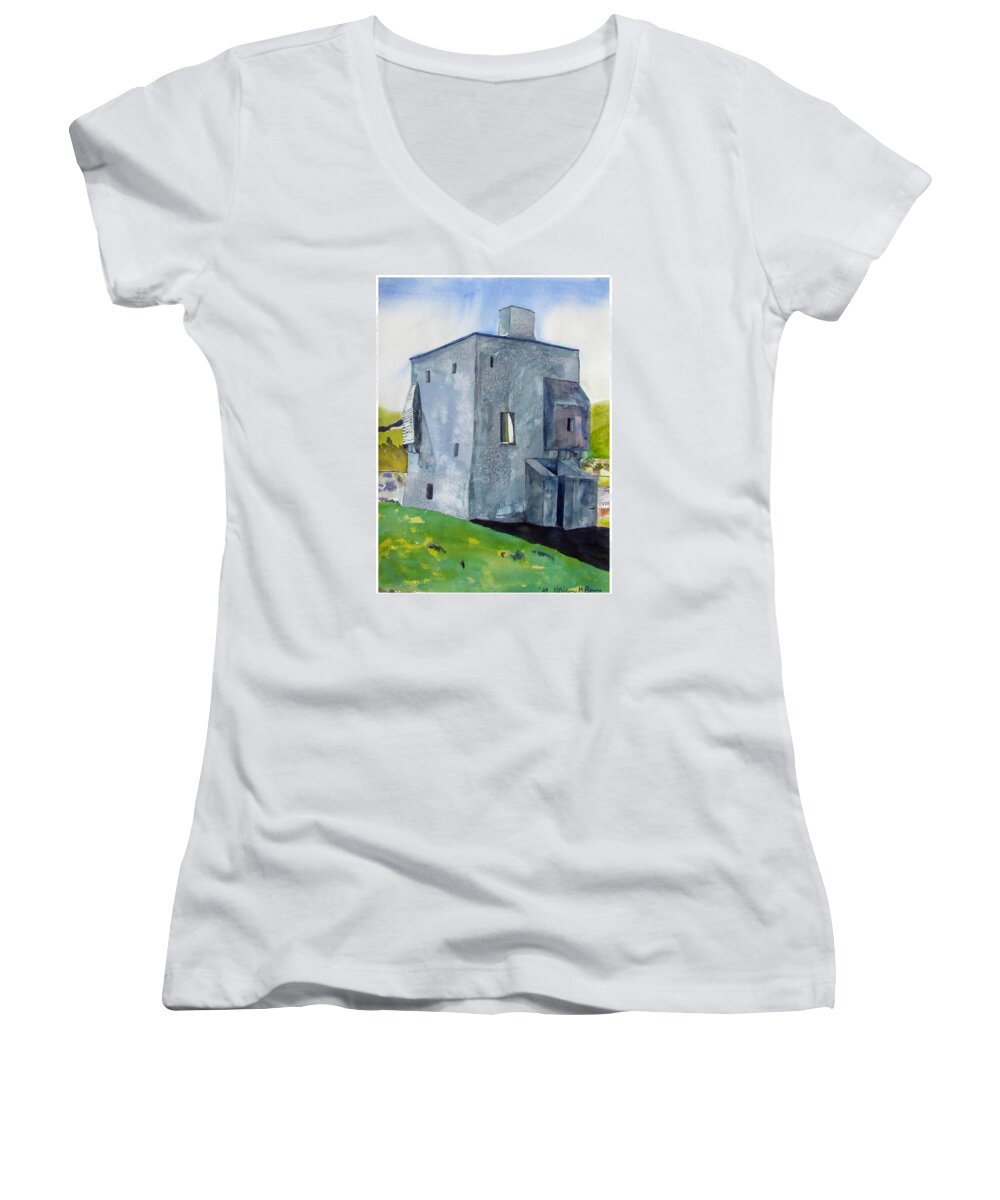  Women's V-Neck featuring the painting Granuaile's Castle Behind the Hill by Kathleen Barnes