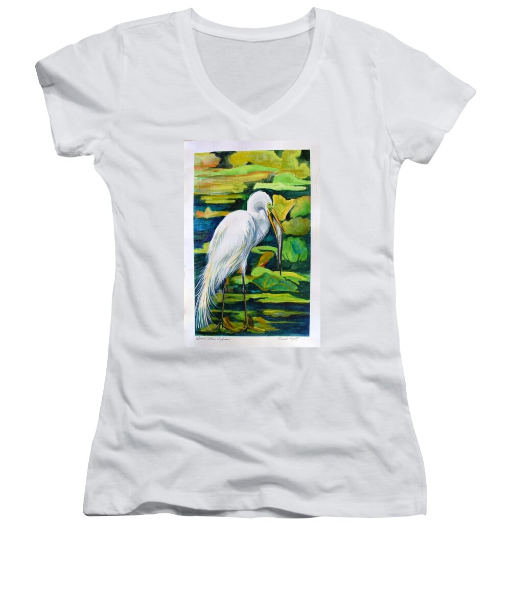Water Birds Women's V-Neck featuring the painting Great Egret by Carol Allen Anfinsen