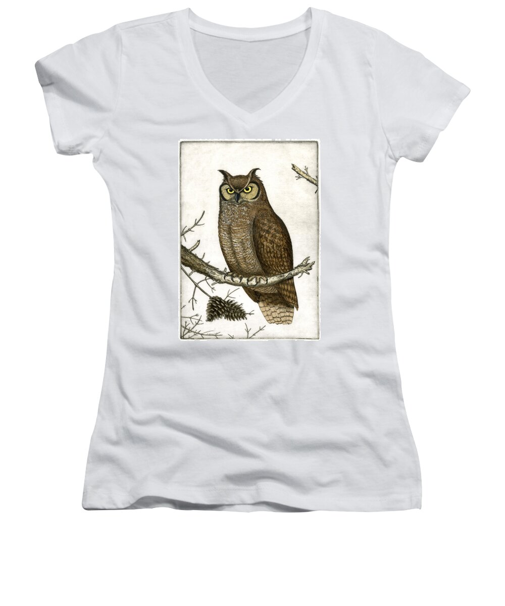 Etching Women's V-Neck featuring the painting Great Horned Owl by Charles Harden